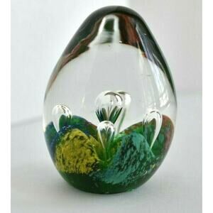 Egg Shaped Controlled Bubble Art Glass Paper Weight Green Red Crater Theme